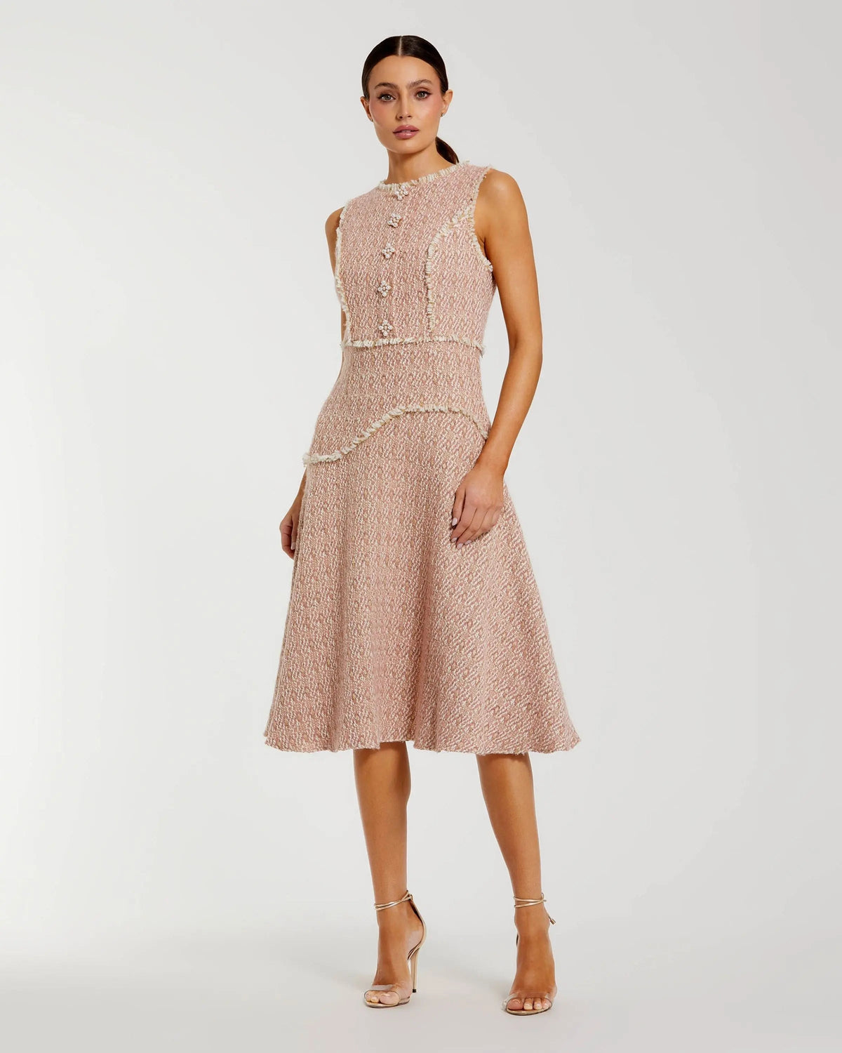 Light Pink Boucle Sleeveless Button Up Midi Dress