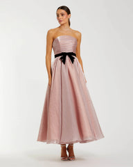 Pink Polka Dot Organza Strapless Midi Dress With Velvet Bow