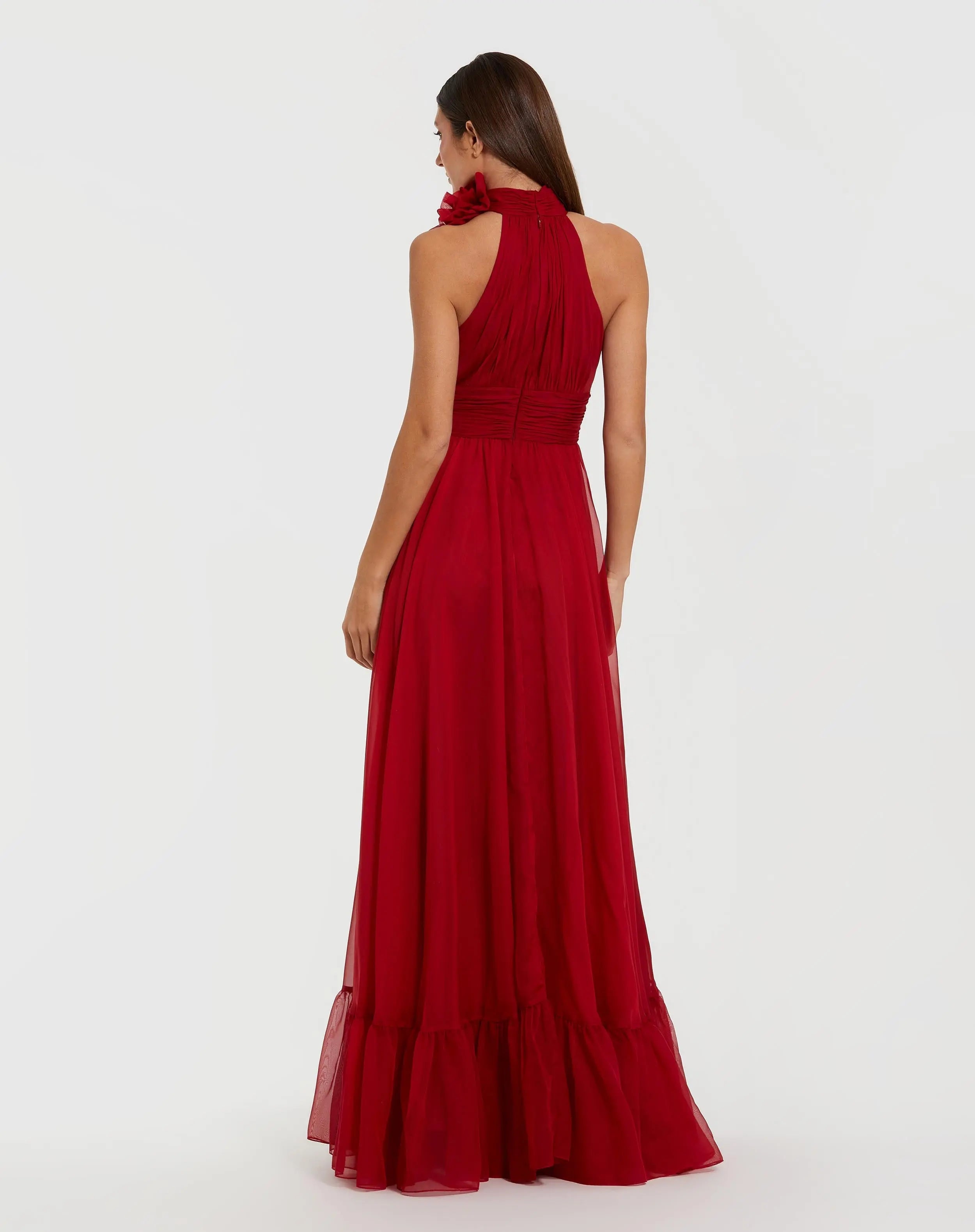 Red Halter Neck Chiffon Gown With 3D Flower