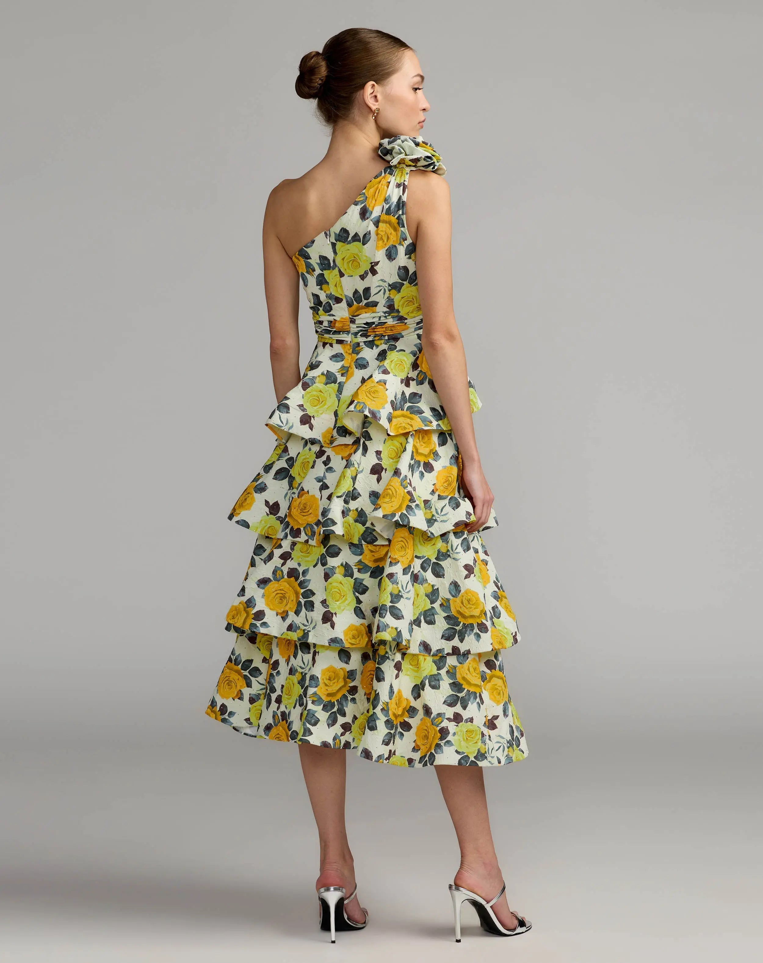Yellow One Shoulder Floral Tiered Midi Dress