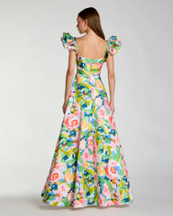 Multicolor Floral Ruffle Cap Sleeve Ball Gown
