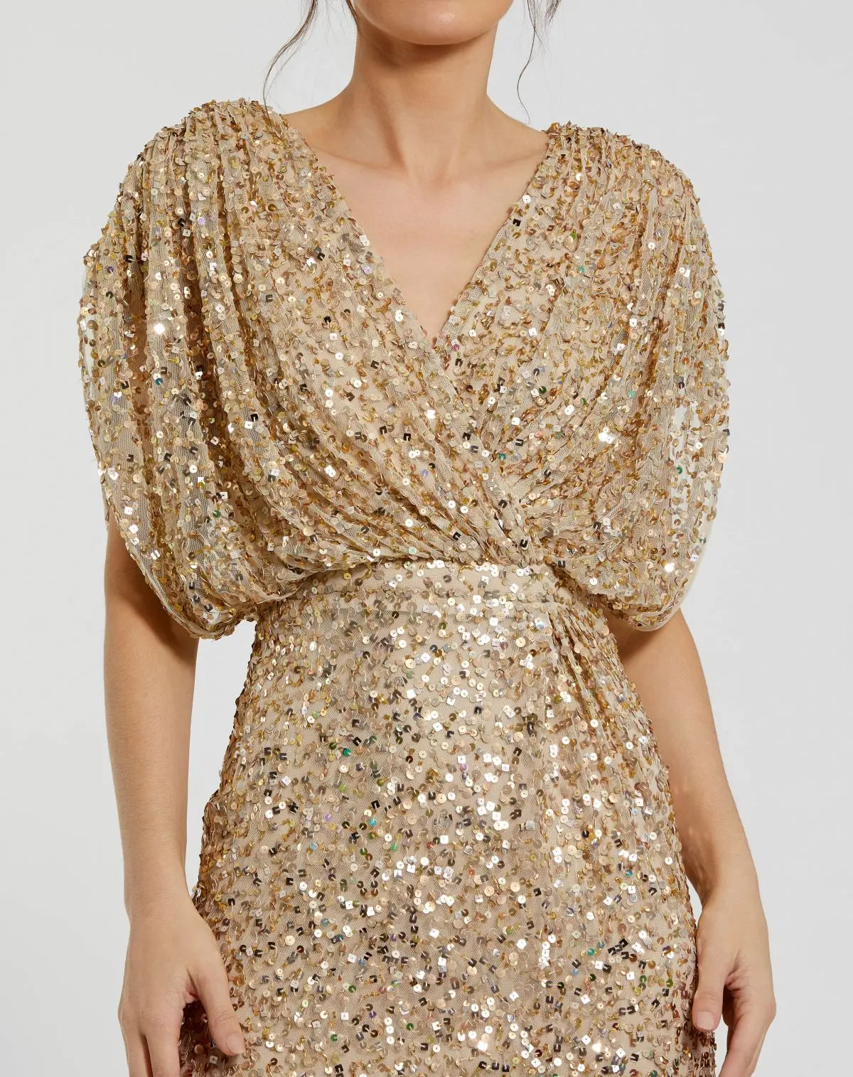 Gold Sequin Draped Sleeve V-Neck Gown