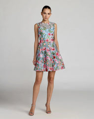 Blue Floral Embroidered Sleeveless A-Line Mini Dress
