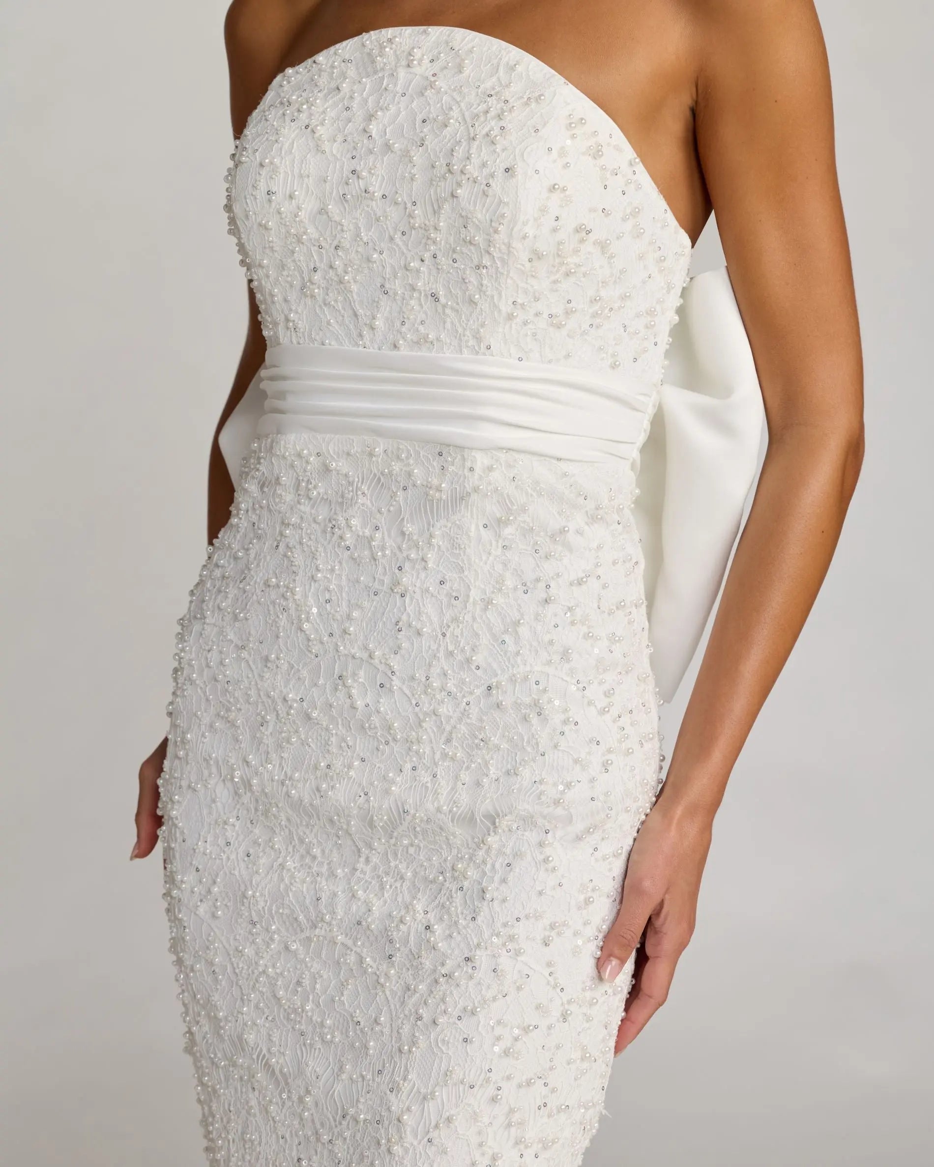 Ivory Strapless Beaded Bow Back Midi Dress