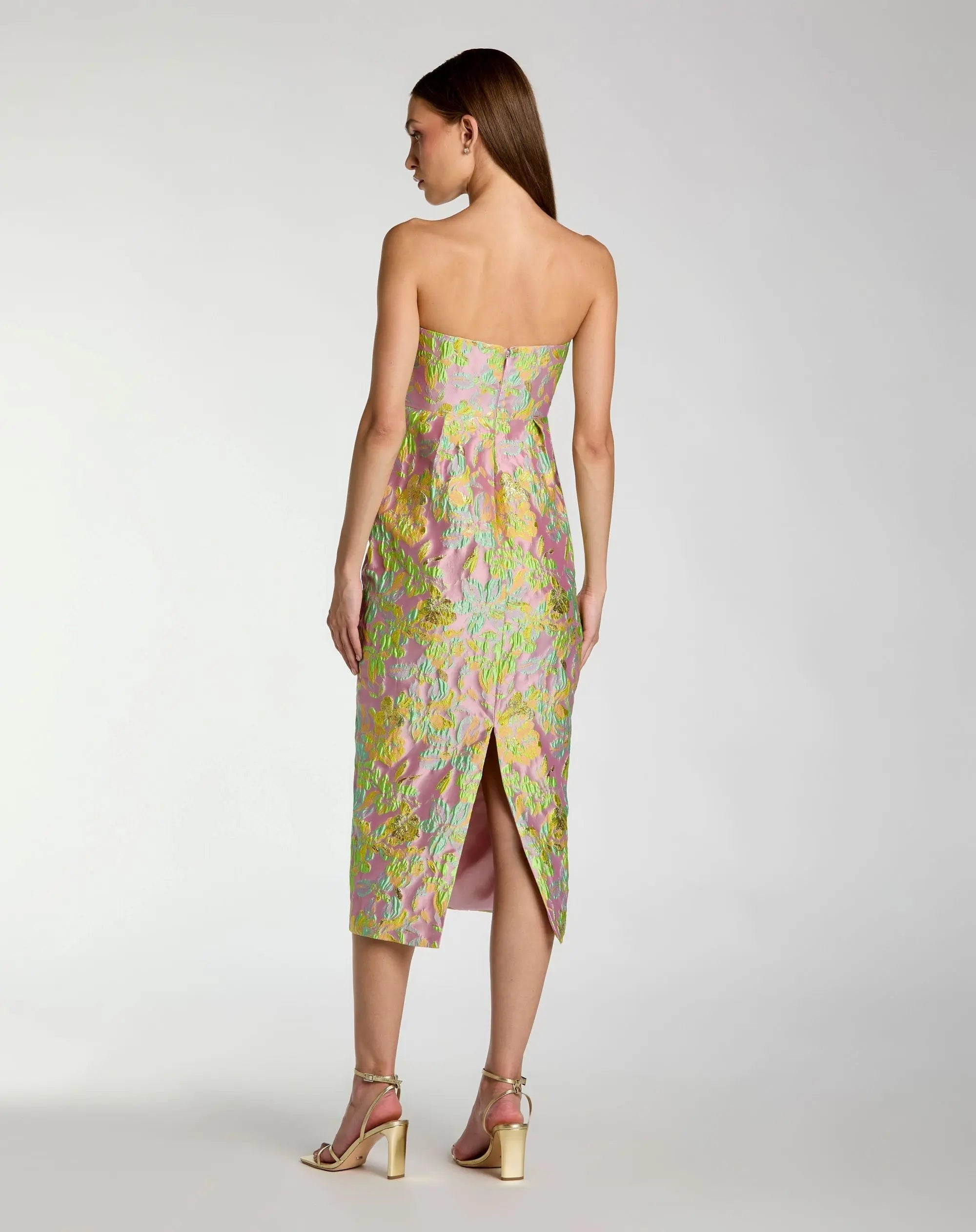 Multicolor Strapless Floral Brocade Midi Dress