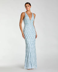 Blue Sequin Embellished Sleeveless Column Gown