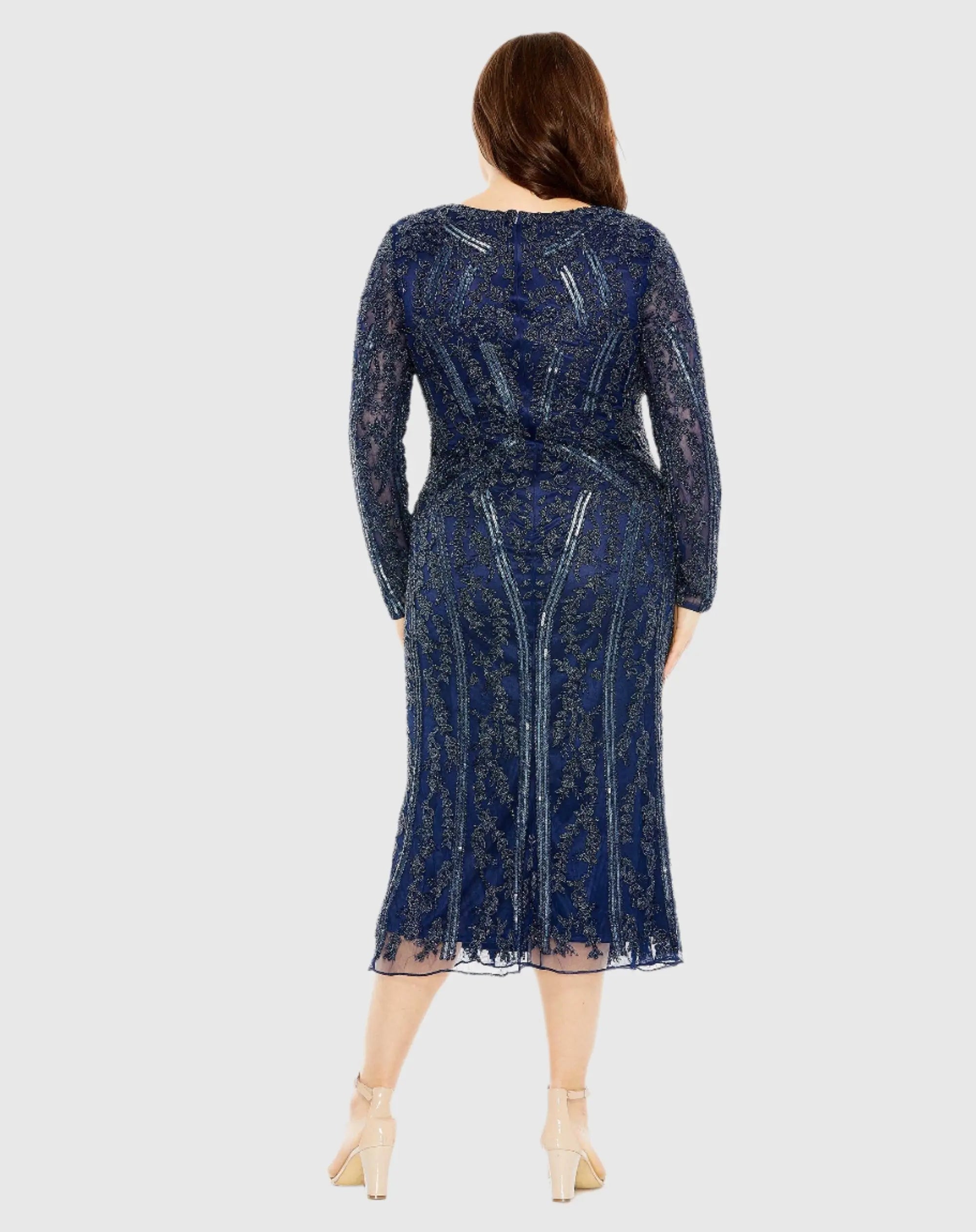Navy Long Sleeve Embellished Dress (Plus) - FINAL SALE