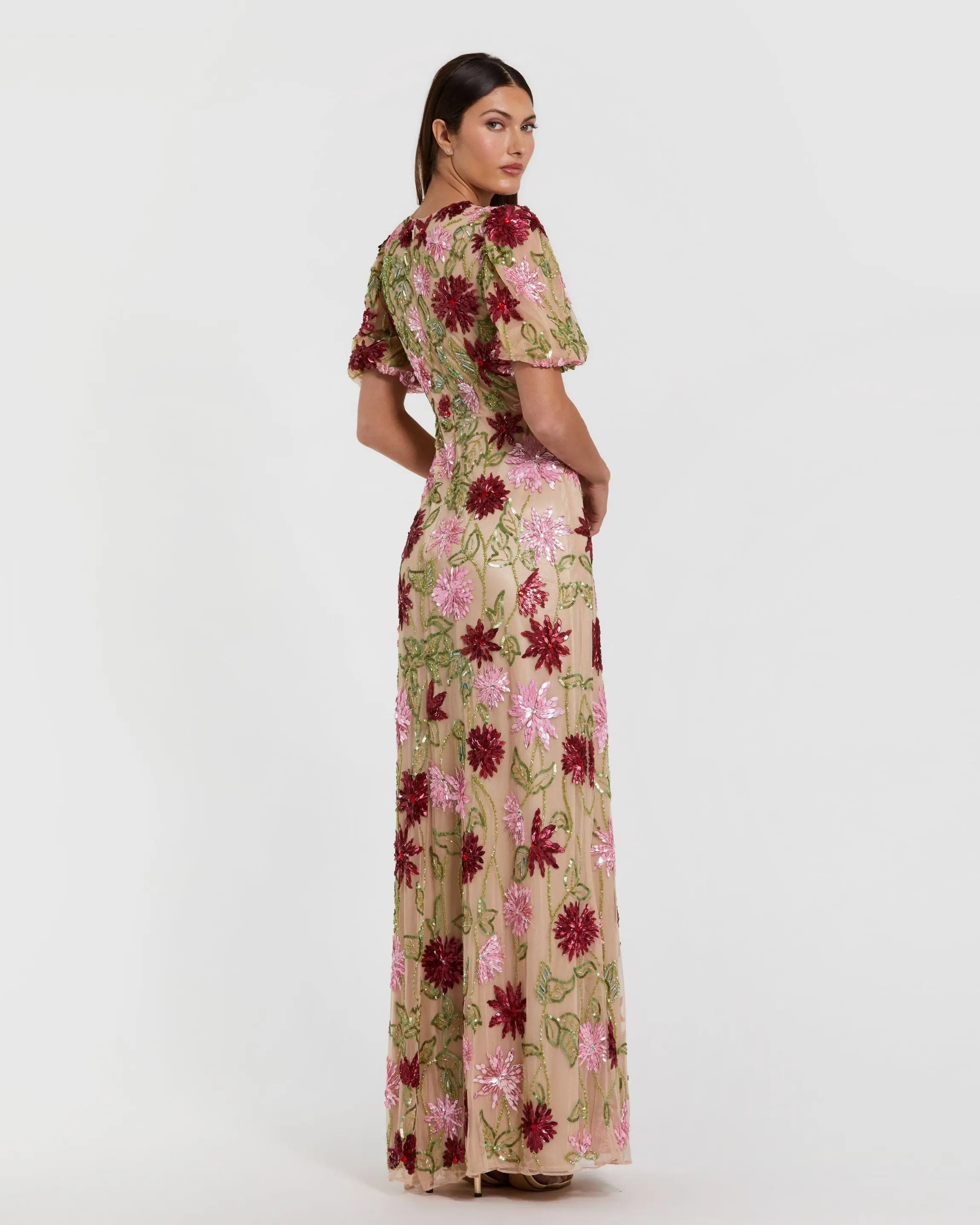 Beige Floral Beaded Mesh Puff Sleeve Gown