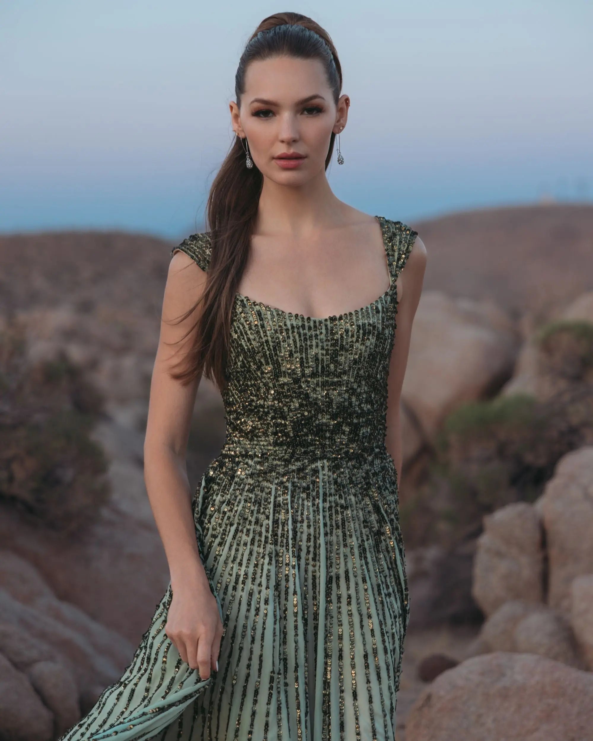 Green Sleeveless Sequin A Line Ombre Gown