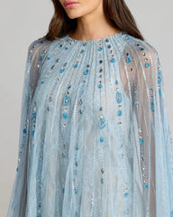 Blue Beaded Lace Cape Sleeve Mini Dress