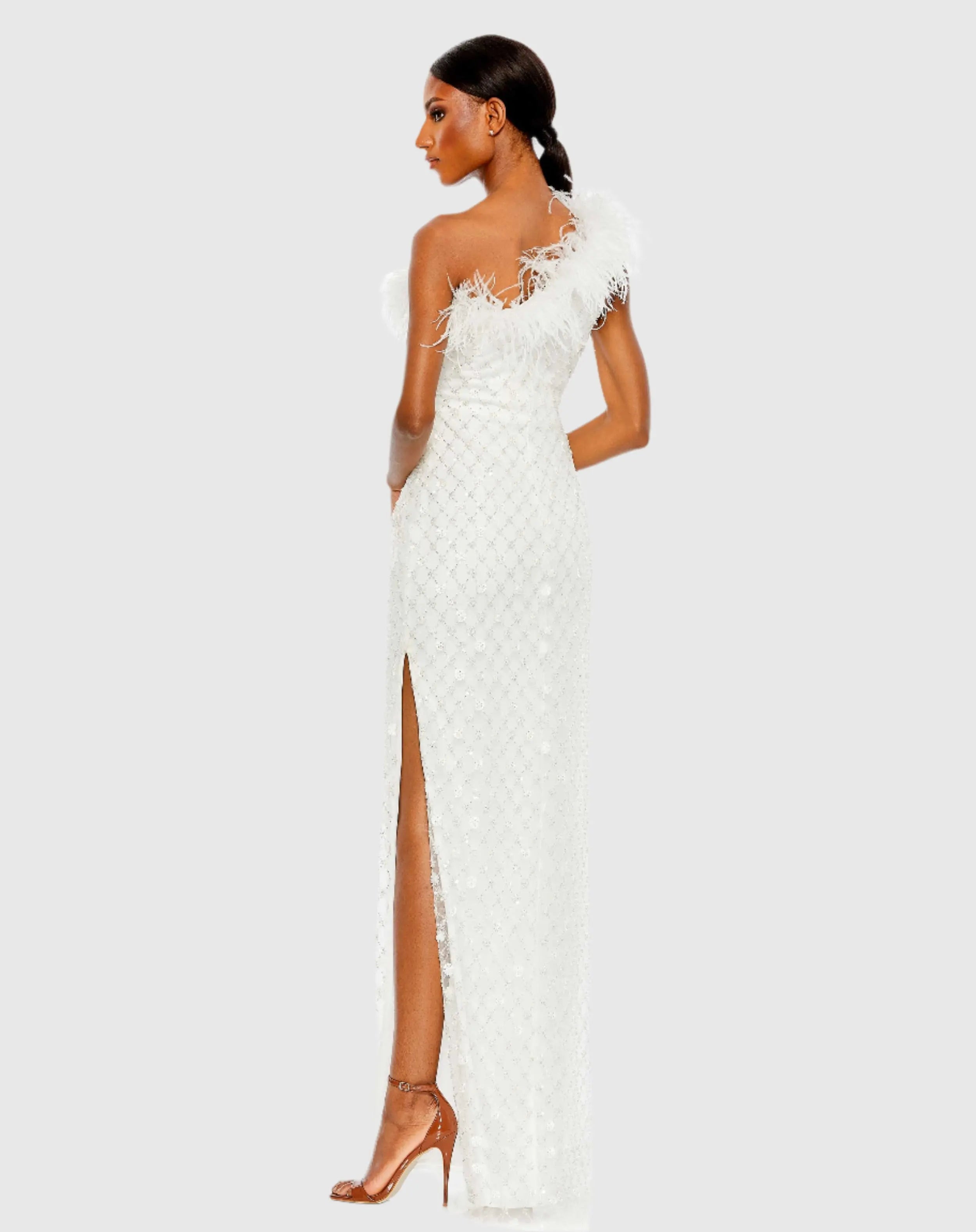 White Embellished One Shoulder Gown w/ Ostrich Feathers - FINAL SALE