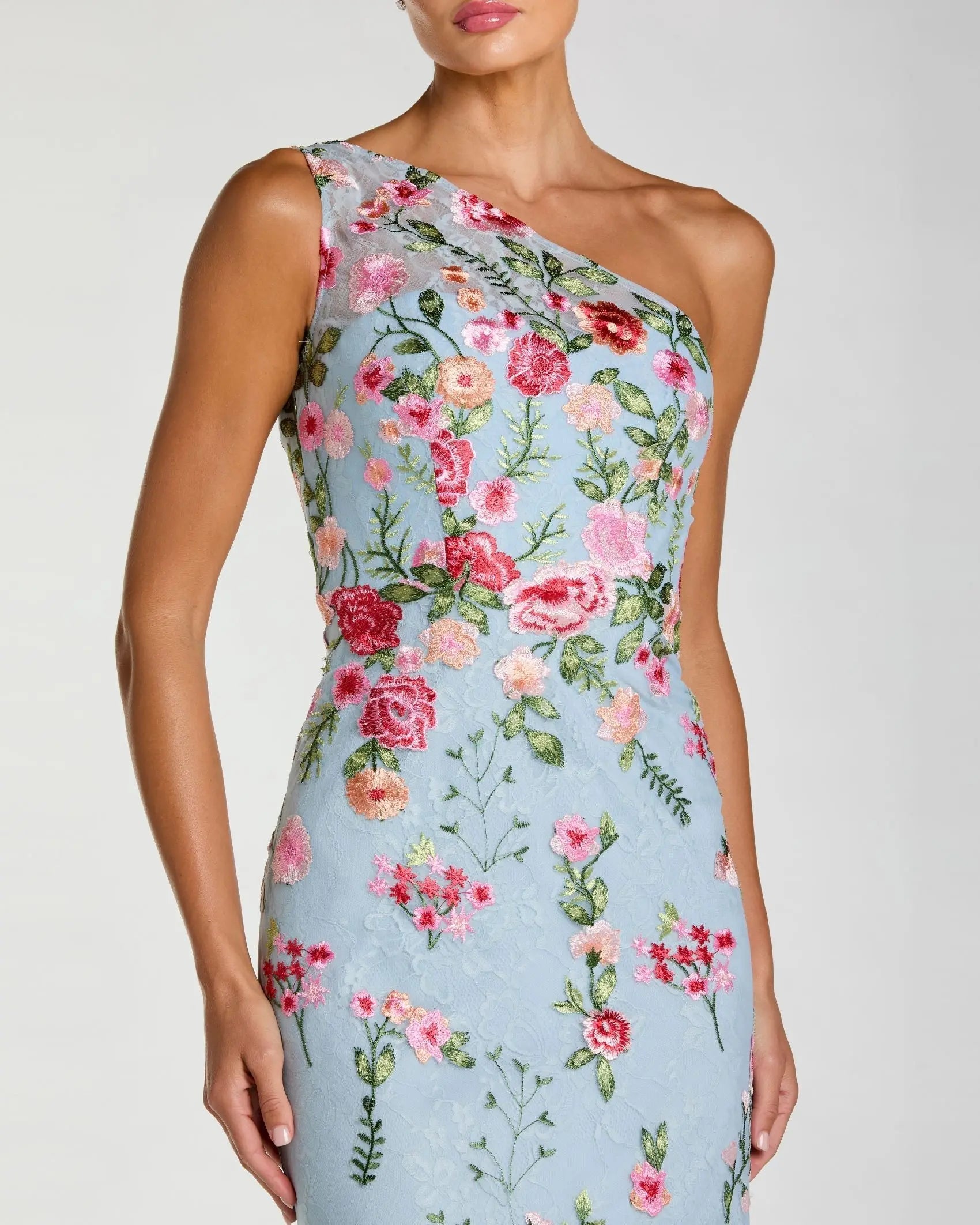 Blue One Shoulder Floral Embroidered Gown