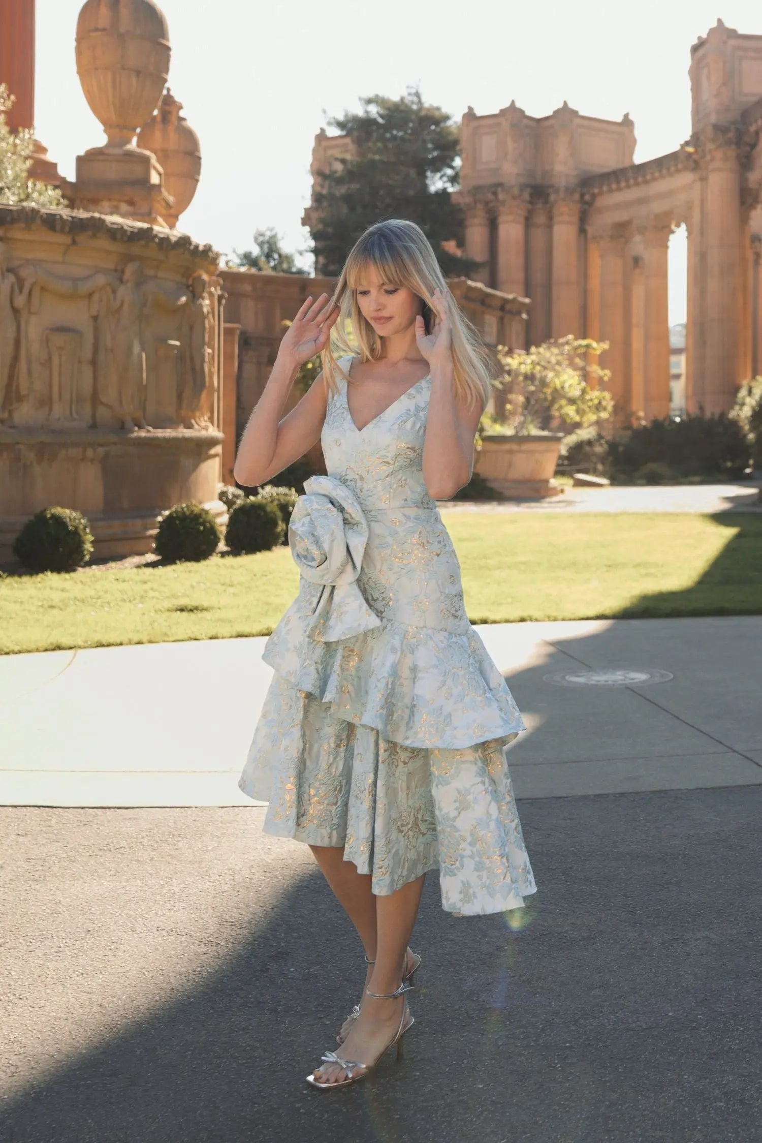 Green Floral Brocade Asymmetrical Hem Dress with Rosette - FINAL SALE