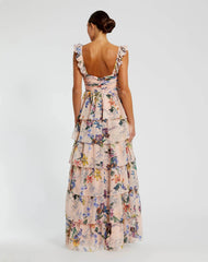 Pink Ruffle Sleeveless Chiffon Tiered Floral Print Gown