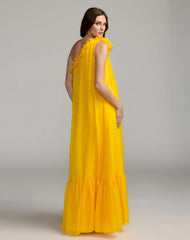 Yellow One Shoulder Chiffon Gown With 3D Rosette