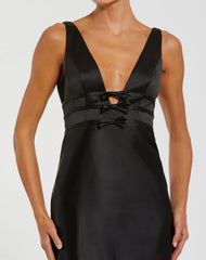 Black Sleeveless V Neck Satin Gown With Bow Details