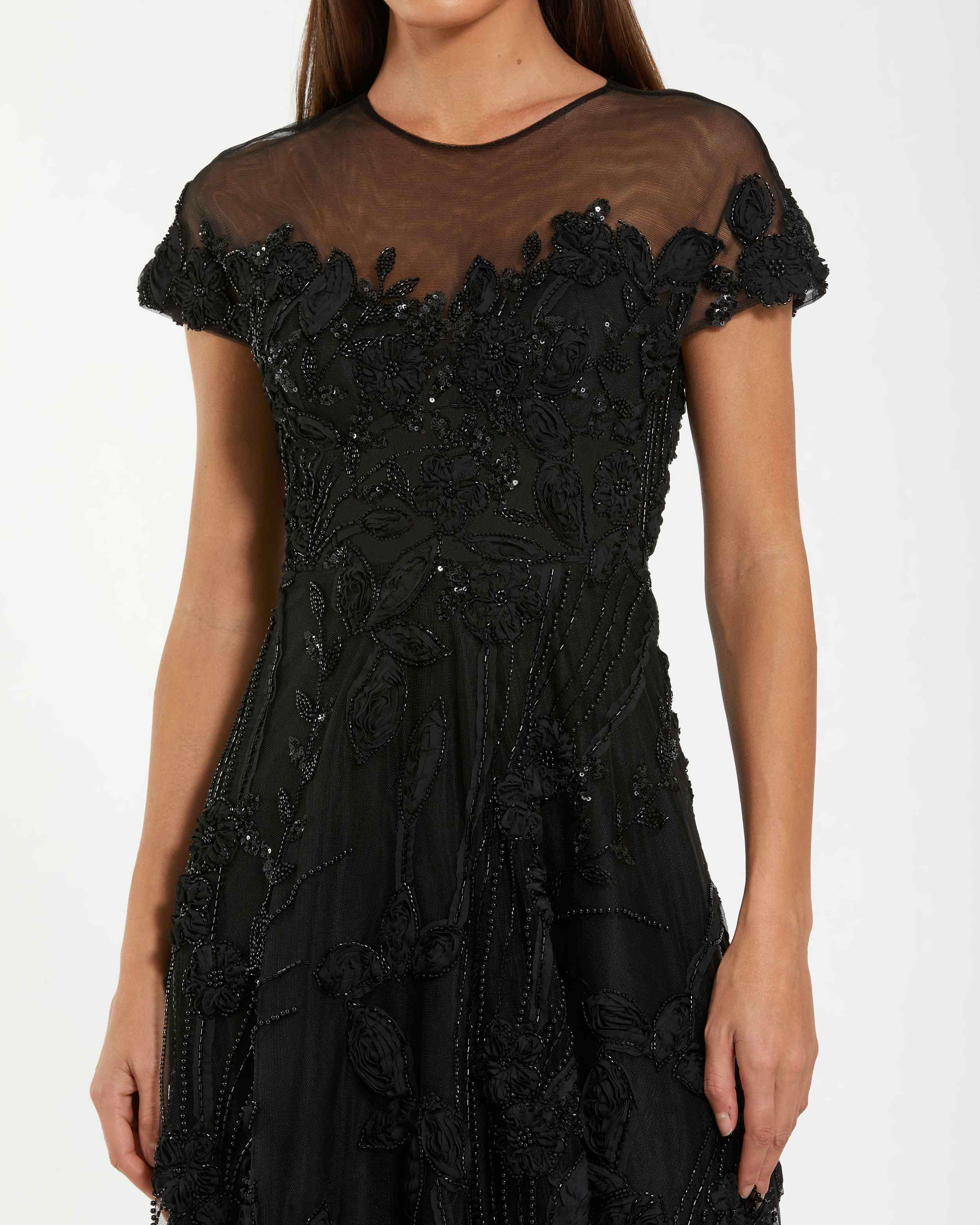 Black Embellished Lace Illusion Neck A-Line Cocktail Dress