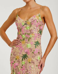 Beige Multi Floral Rhinestone Embroidered Column Gown
