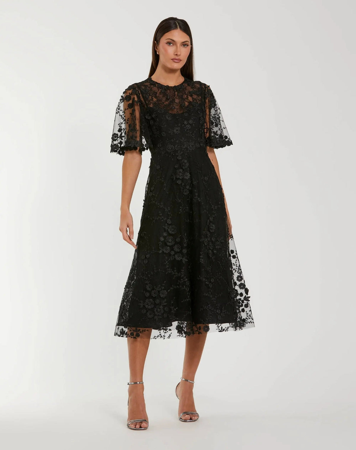 Floral Embroidered Mesh Midi Dress with Flutter Sleeves