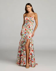 Multicolor Floral Strapless Ruffle Hem Mermaid Gown