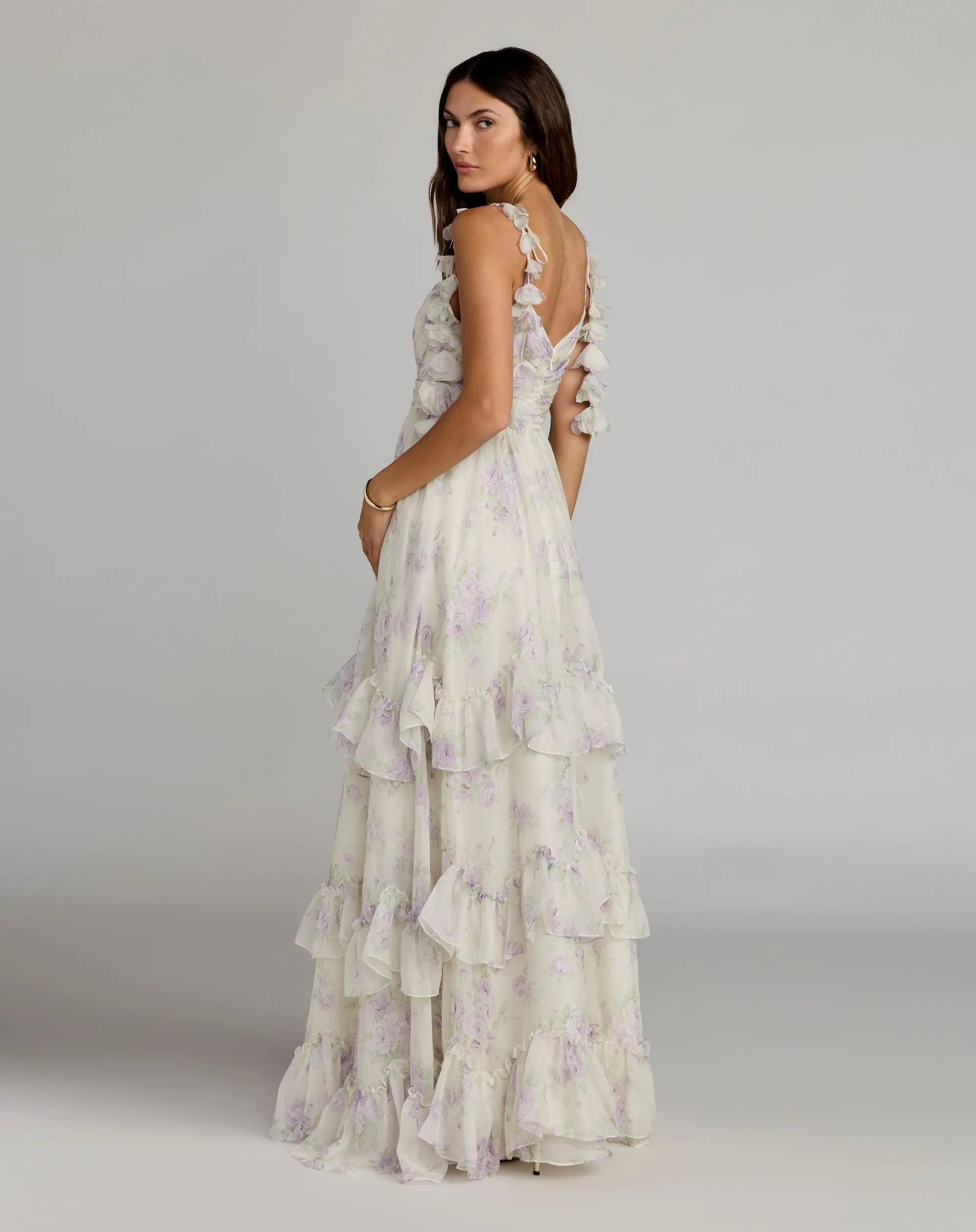 White Floral Chiffon Ruffle Gown With 3D Flower Straps
