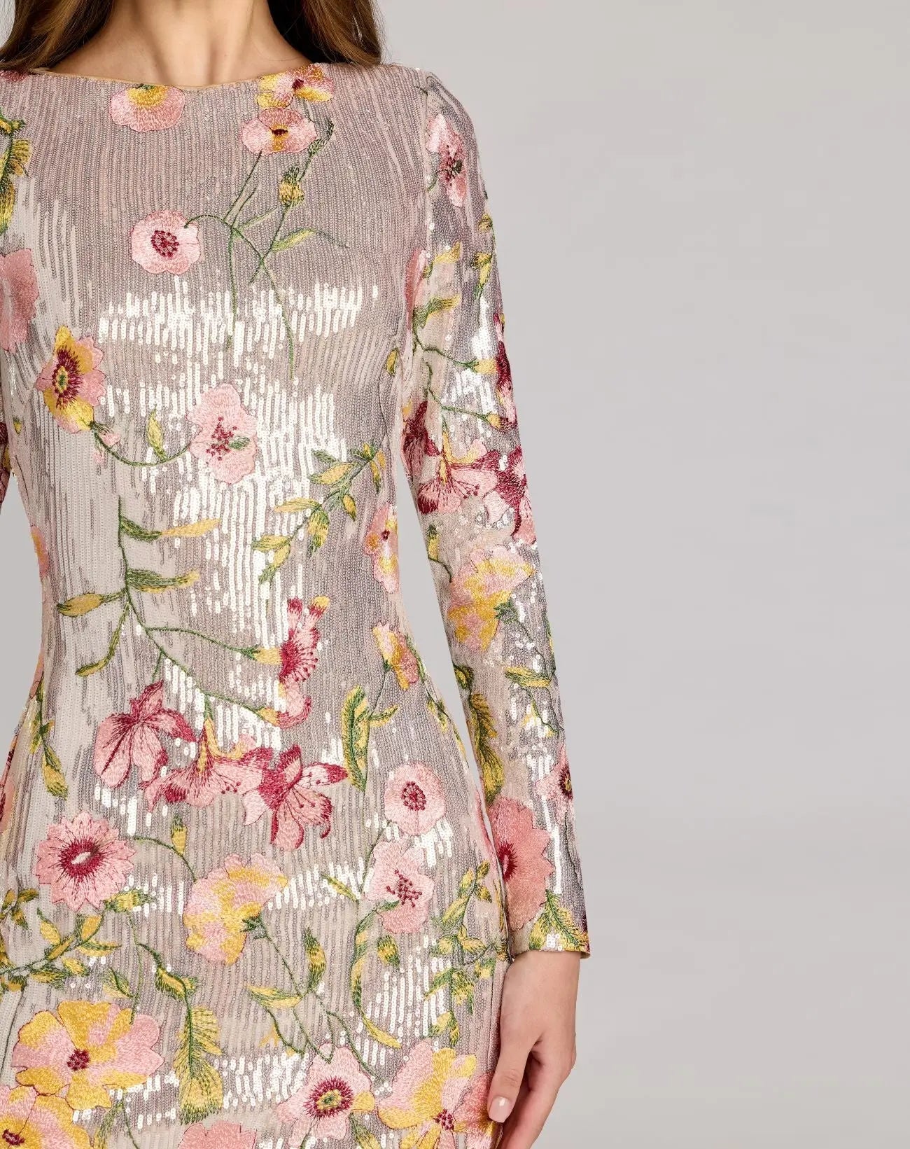 Silver Long Sleeve Floral Embroidered Sequin Mini Dress