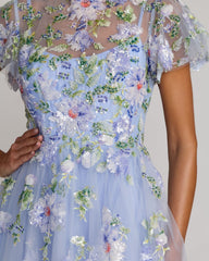 Blue Flutter Sleeve Embroidered A-Line Midi Dress