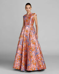 Pink Brocade Cap Sleeve Ball Gown