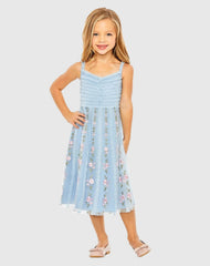 Girls Light Blue Ruffle Floral Embroidered Detail Mini Dress
