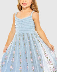 Girls Light Blue Ruffle Floral Embroidered Detail Mini Dress