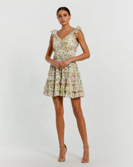White Floral Tiered Ruffle Mini Dress