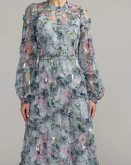 Blue Floral Long Sleeve High Neck Ruffle Maxi Dress