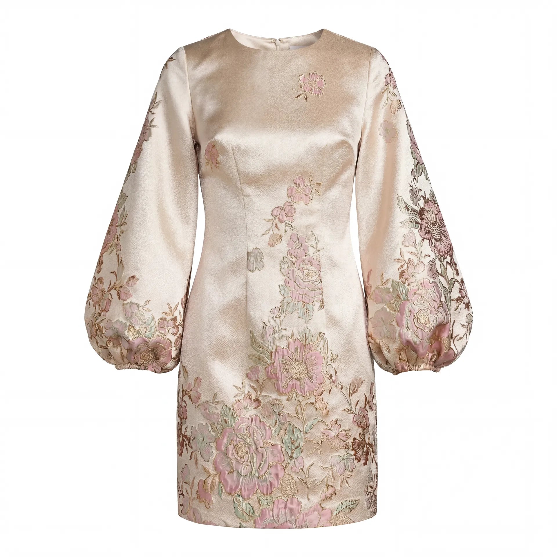 Ivory Brocade High Neck Long Sleeve Mini Dress