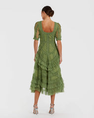 Green Short Sleeve Micro Ruffle Midi Dress