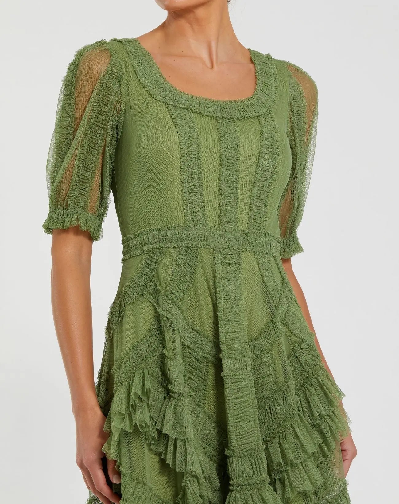Green Short Sleeve Micro Ruffle Midi Dress