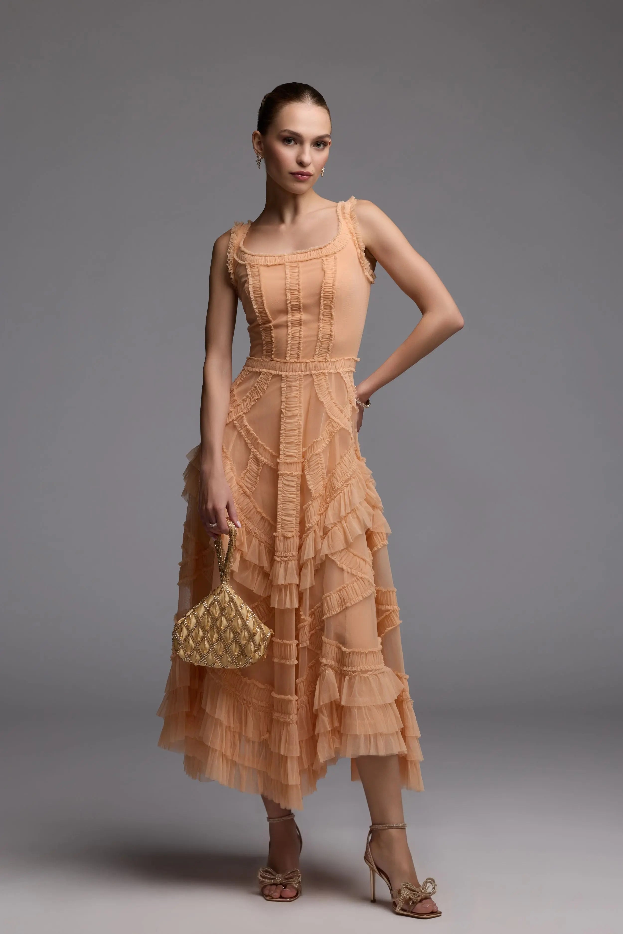 Orange Scoop Neck Sleeveless Micro Ruffle Midi Dress