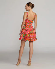 Orange Floral Square Neck Ruffled Cotton Mini Dress