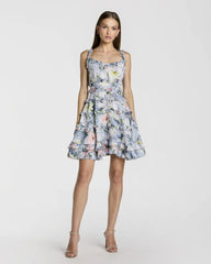 Blue Floral Square Neck Ruffled Cotton Mini Dress