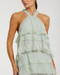 Green Tiered Ruffle Halter Neck Midi Dress