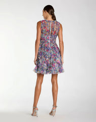 Purple Multicolor Micro Ruffle Floral A-Line Mini Dress