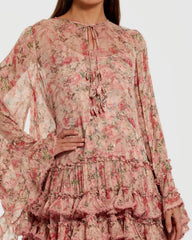 Pink Floral Long Sleeve Ruffle Mini Dress