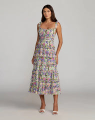 Multicolor Floral Ruffle A-Line Cotton Midi Dress