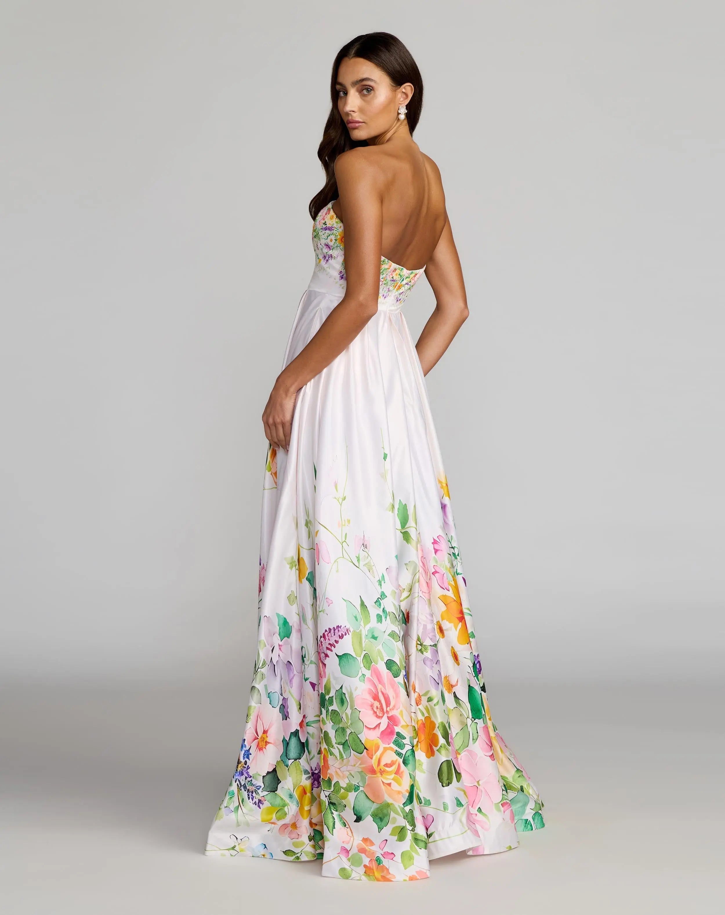 White Floral Print Strapless Satin A Line Gown With Pockets