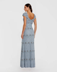 Blue Sequin Cap Sleeve Sweetheart Column Gown