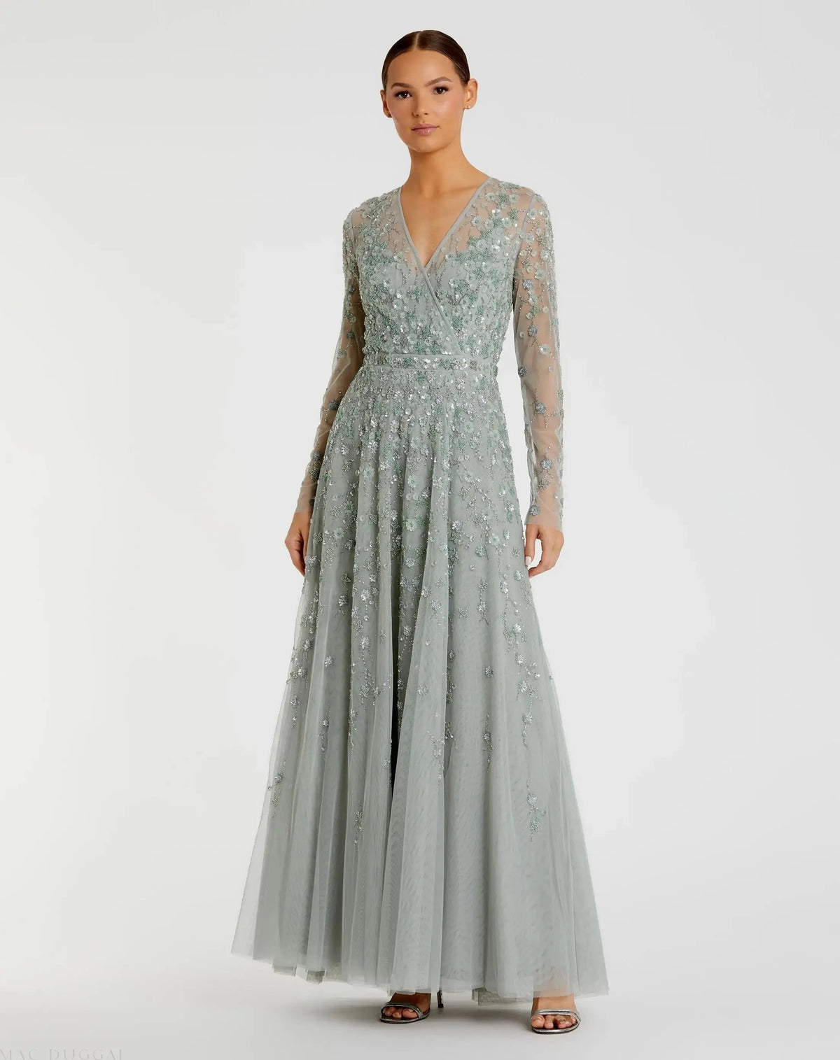 Green Embellished Wrap Over Illusion Long Sleeve A Line Gown - FINAL SALE