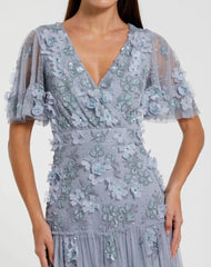 Blue Floral Embellished Flutter Sleeve Dress