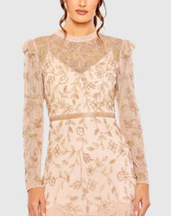 Pink High Neck Flutter Cap Long Sleeve Tiered Embellished Gown