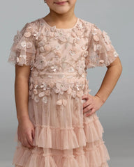 Girls Pink Embellished Flutter Sleeve Ruffle Gown