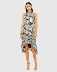 Black Floral High Neck Keyhole Ruffle Mini Dress