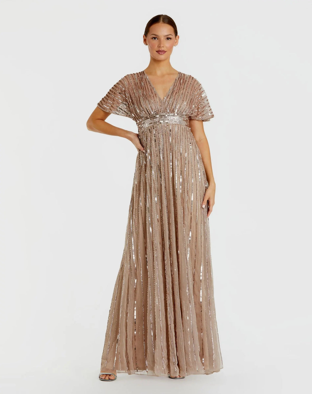 Beige Embellished Short Sleeve Empire Waist Gown